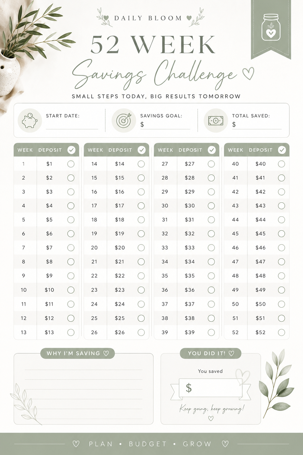 🌿 Daily Bloom Financial Wellness Bundle
Printable Savings Challenge & Money Planner