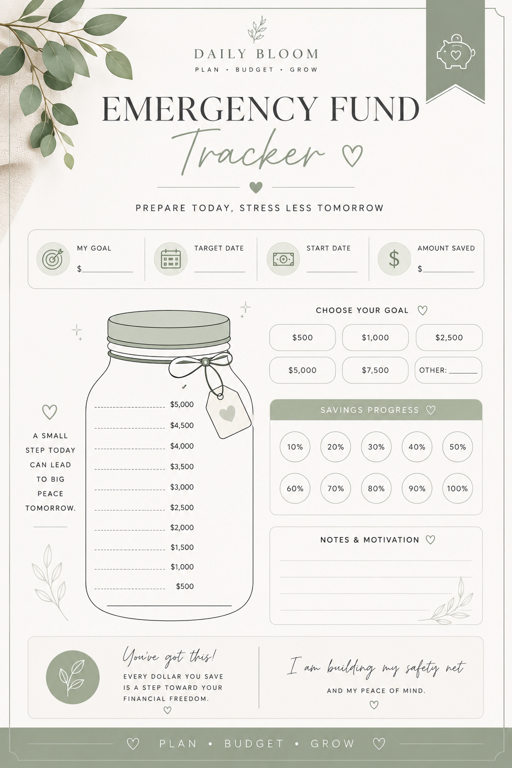 🌿 Daily Bloom Financial Wellness Bundle
Printable Savings Challenge & Money Planner